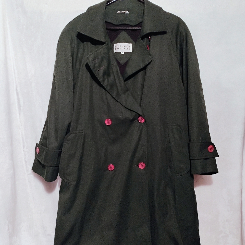 Spencer Douglas Dark Forest Green Long Trench Coat Womens Size 14 Pockets Lined‎